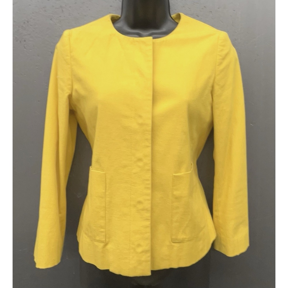 Boden Jacket‎ US 4 Yellow Cotton Stretch Pockets Snap Collarless Blazer Preppy